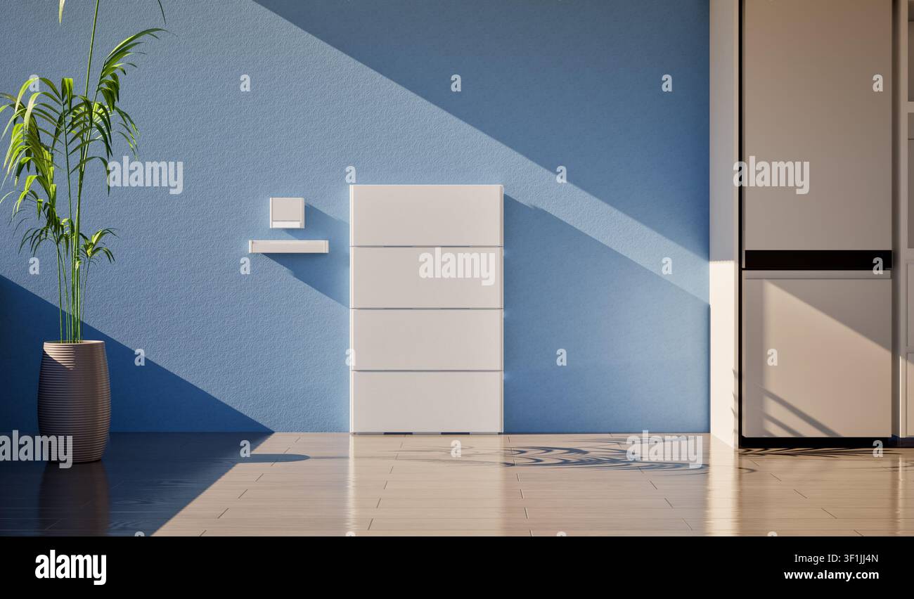rendering 3d della batteria domestica o del sistema di immagazzinamento dell'energia per uso residenziale Foto Stock