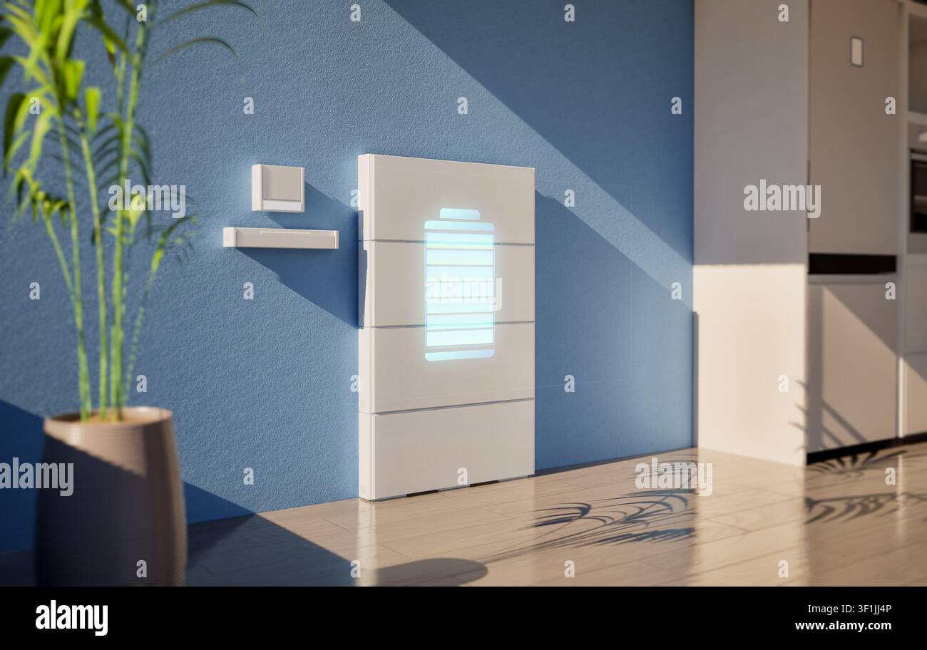 rendering 3d della batteria domestica o del sistema di immagazzinamento dell'energia per uso residenziale Foto Stock