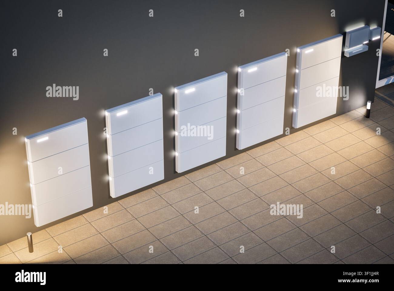 Renderizzazione 3D di un gruppo di batterie domestiche o sistemi di accumulo energetico per uso residenziale Foto Stock