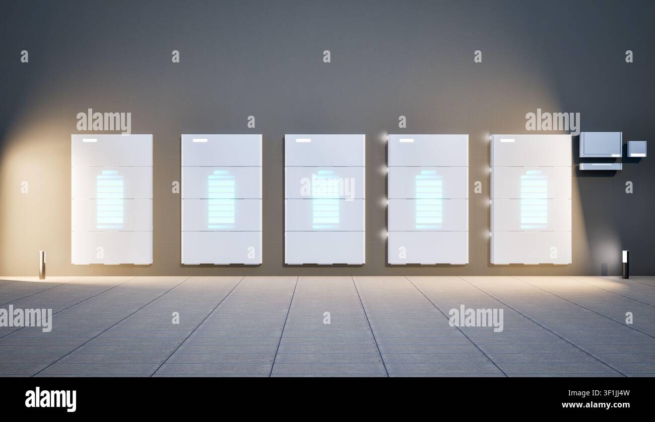 Gruppo di rendering 3D di batterie domestiche o sistemi di accumulo energetico per uso residenziale con display grafico digitale Foto Stock