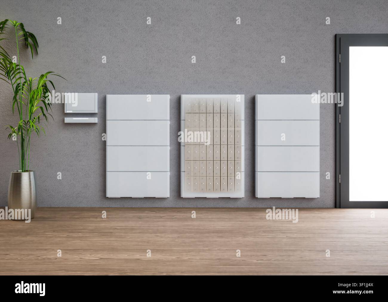 Rendering 3D di un gruppo di batterie domestiche o sistemi di accumulo energetico per uso residenziale con batterie trasparenti Foto Stock
