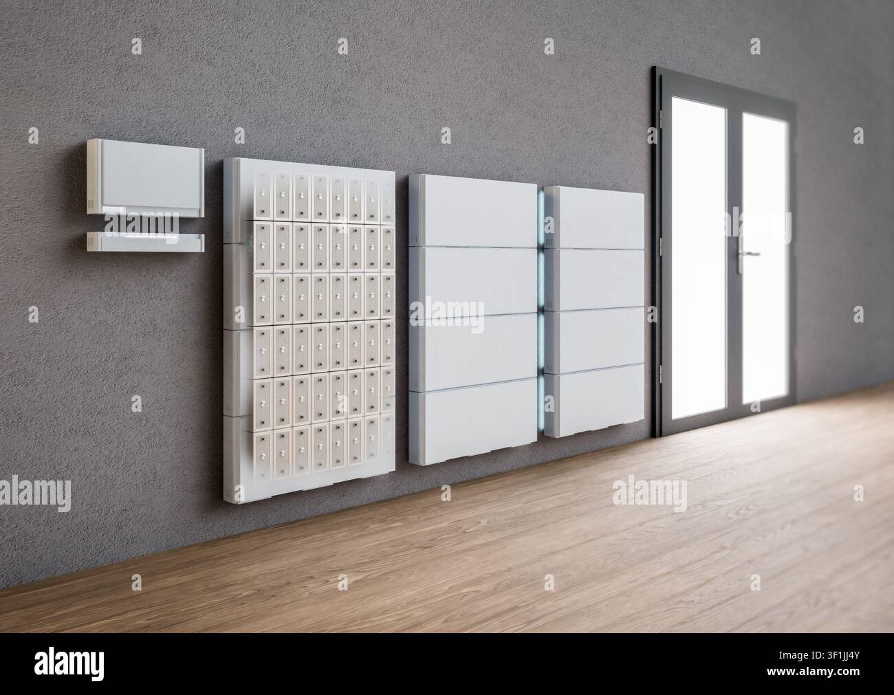 Rendering 3D di un gruppo di batterie domestiche o sistemi di accumulo energetico per uso residenziale con batterie trasparenti Foto Stock