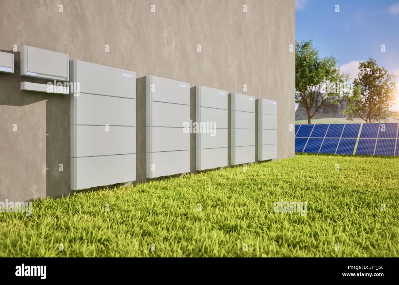 Rendering 3D di un gruppo di batterie domestiche o sistemi di accumulo energetico con pannelli solari Foto Stock