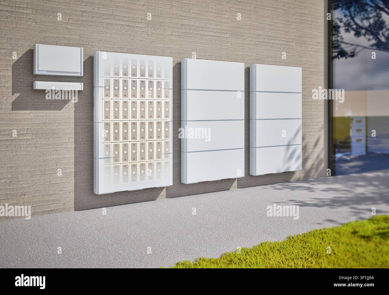 Rendering 3D di un gruppo di batterie domestiche o sistemi di accumulo energetico per uso residenziale con batterie trasparenti Foto Stock
