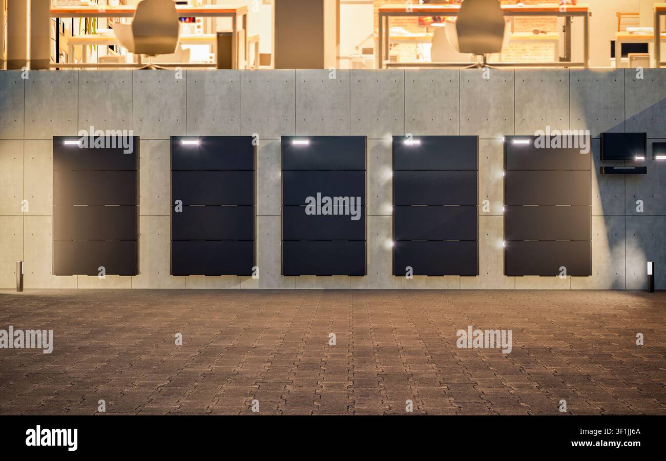 Renderizzazione 3D di un gruppo di batterie domestiche o sistemi di accumulo energetico in ufficio Foto Stock
