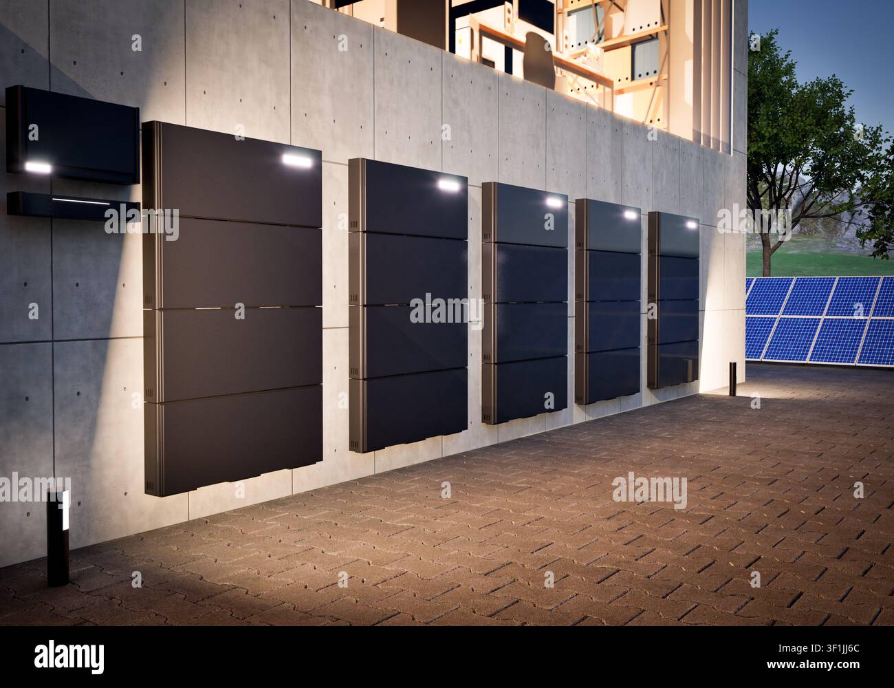 Rendering 3D di un gruppo di batterie domestiche o sistemi di accumulo energetico con pannelli solari Foto Stock