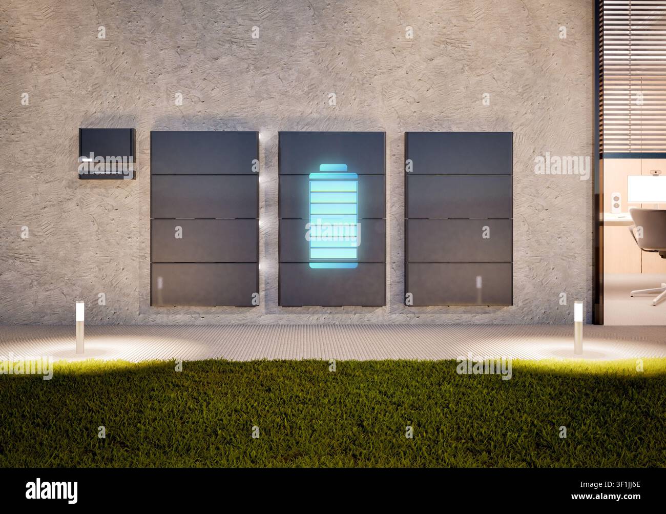 Rendering 3D di un gruppo di batterie domestiche o sistemi di accumulo energia con display grafico digitale in ufficio Foto Stock