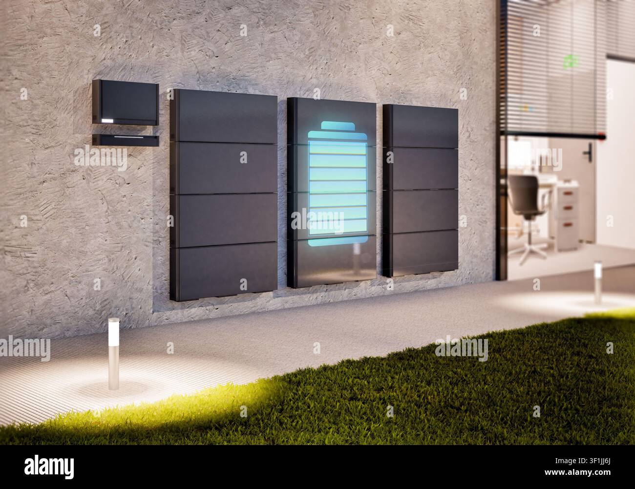 Rendering 3D di un gruppo di batterie domestiche o sistemi di accumulo energia con display grafico digitale in ufficio Foto Stock