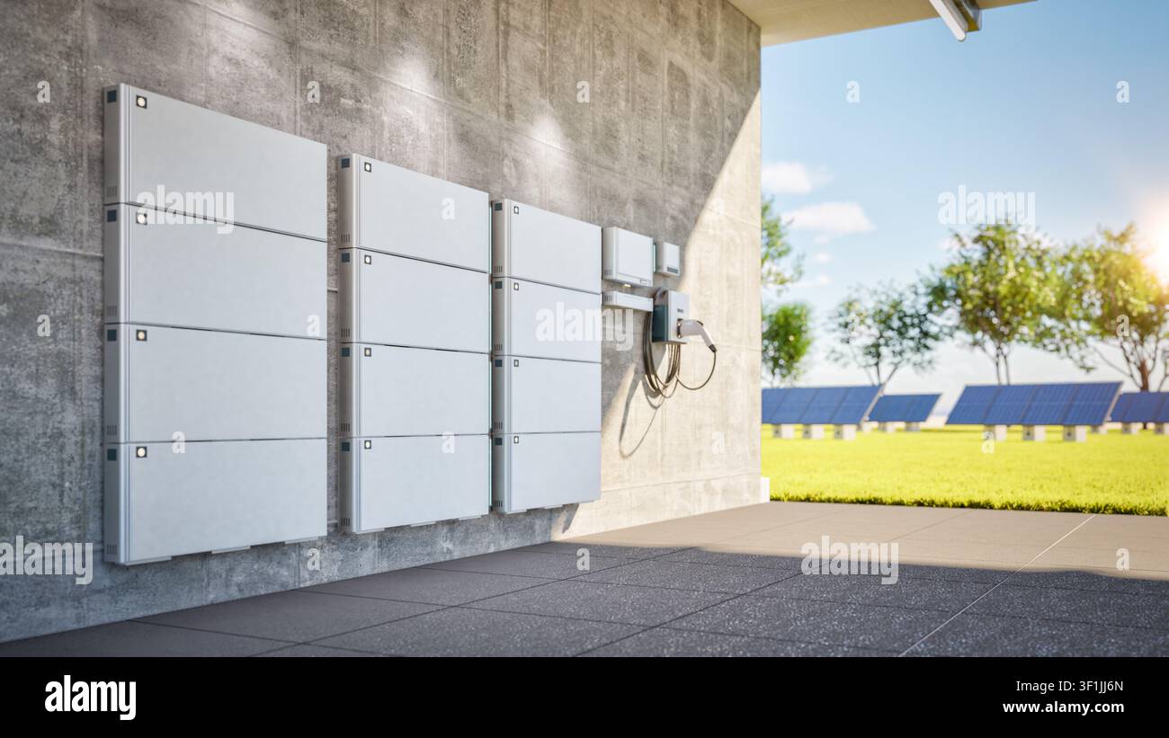Renderizzazione 3D di un gruppo di batterie domestiche o sistemi di accumulo energetico in garage Foto Stock