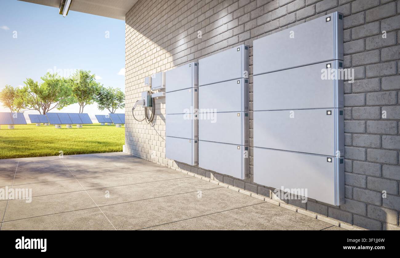Renderizzazione 3D di un gruppo di batterie domestiche o sistemi di accumulo energetico in garage Foto Stock