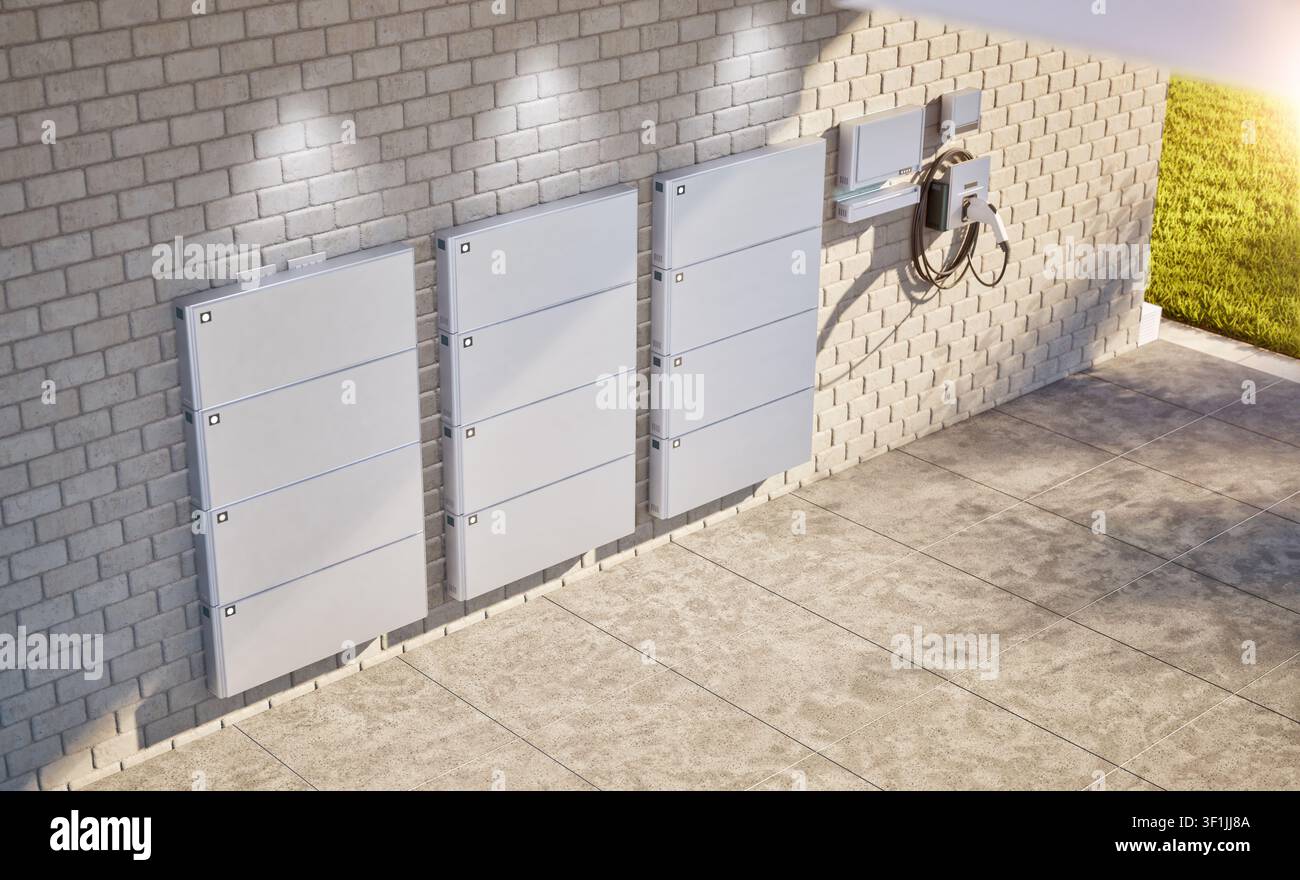 Renderizzazione 3D di un gruppo di batterie domestiche o sistemi di accumulo energetico in garage Foto Stock