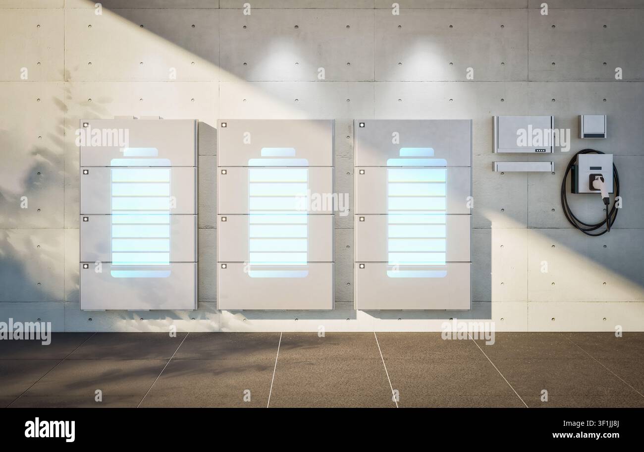 Renderizzazione 3D di un gruppo di batterie domestiche o sistemi di accumulo energetico in garage Foto Stock