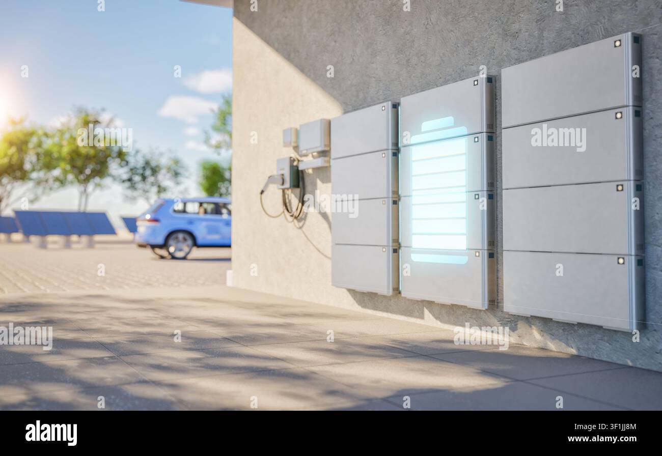 Renderizzazione 3D di un gruppo di batterie domestiche o sistemi di accumulo energetico in garage Foto Stock