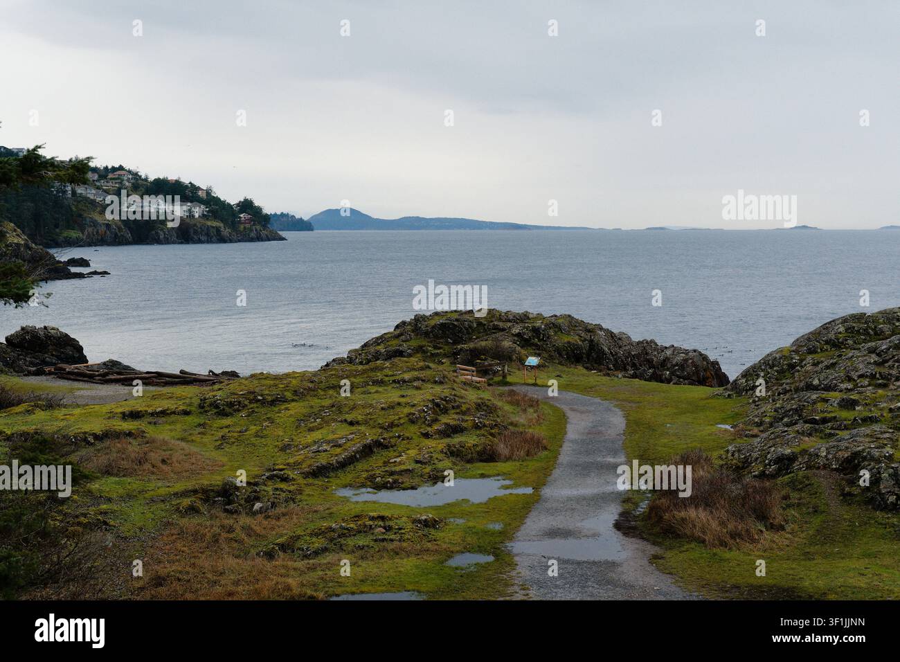 Un sentiero di ghiaia si snoda attraverso una penisola costiera muschiosa verso una baia calma, con isole lontane che svaniscono in un cielo nuvoloso Foto Stock