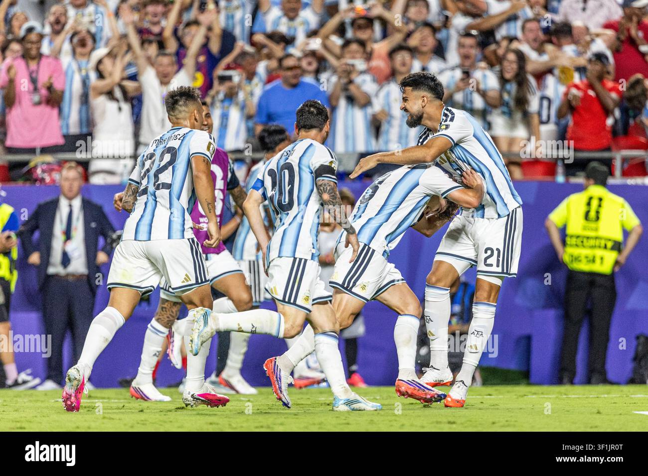 KANSAS, - 11 LUGLIO: Lautaro Martinez, Lionel Messi, Julian Alvarez, Jose Manuel Lopez durante la partita degli Ottavi di Finale della Coppa del Mondo FIFA 2026 tra l'Argentina Foto Stock