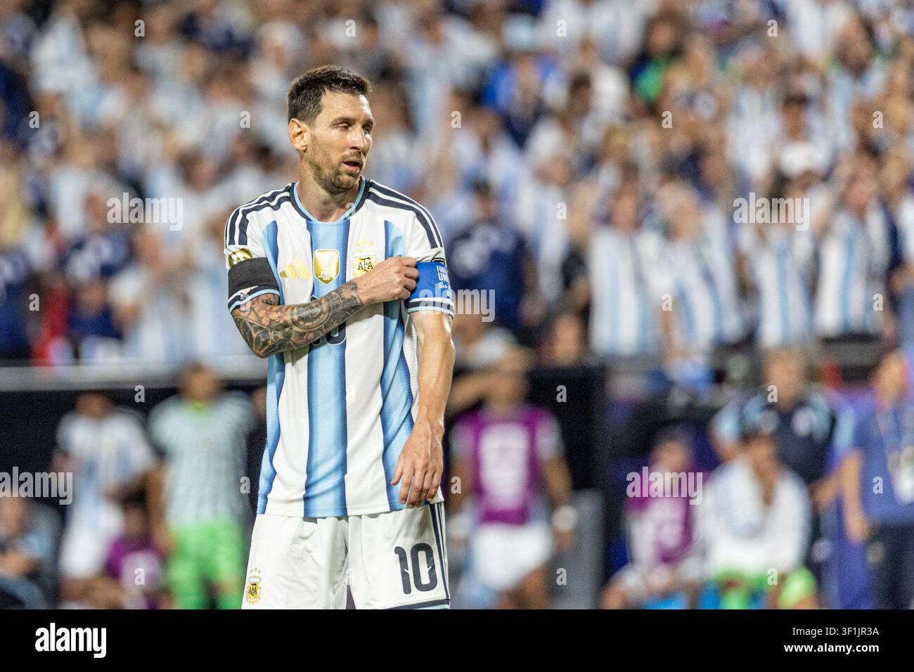 KANSAS, - 11 LUGLIO: Lionel Messi durante la partita degli ottavi di finale della Coppa del Mondo FIFA 2026 tra Argentina e Svizzera allo Kansas Stadium l'11 luglio 2026 i Foto Stock