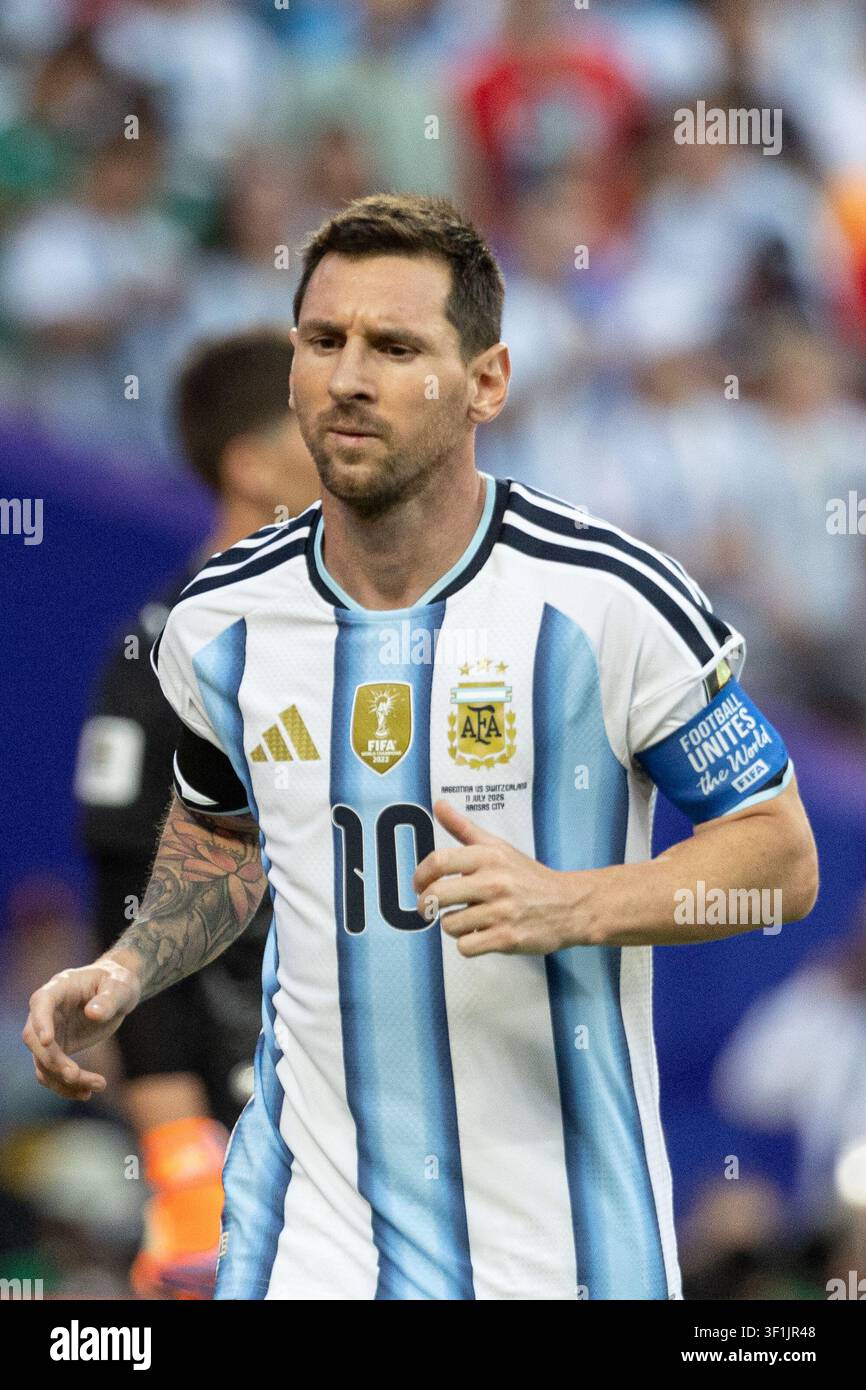 KANSAS, - 11 LUGLIO: Lionel Messi durante la partita degli ottavi di finale della Coppa del Mondo FIFA 2026 tra Argentina e Svizzera allo Kansas Stadium l'11 luglio 2026 i Foto Stock
