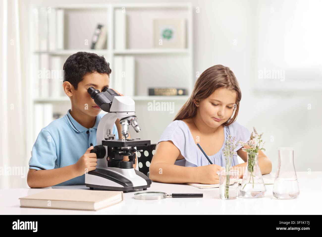 Bambini seduti a una scrivania e che usano un microscopio Foto Stock