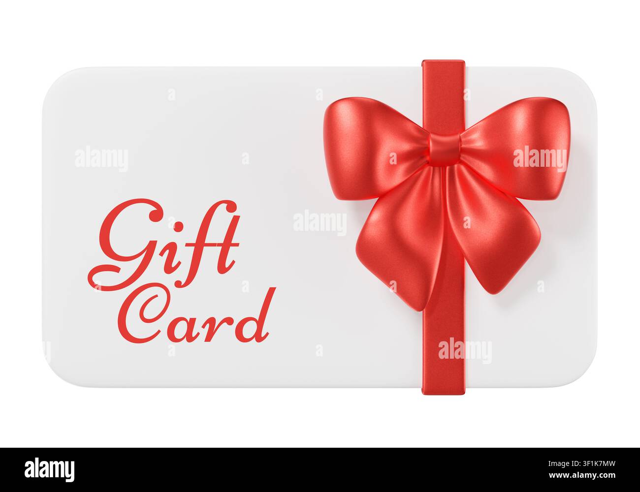 Elegante carta regalo 3D con un fiocco di nastro rosso su una carta bianca pulita. Perfetto per promozioni festive, vendite natalizie, regali di compleanno, acquisti online Foto Stock
