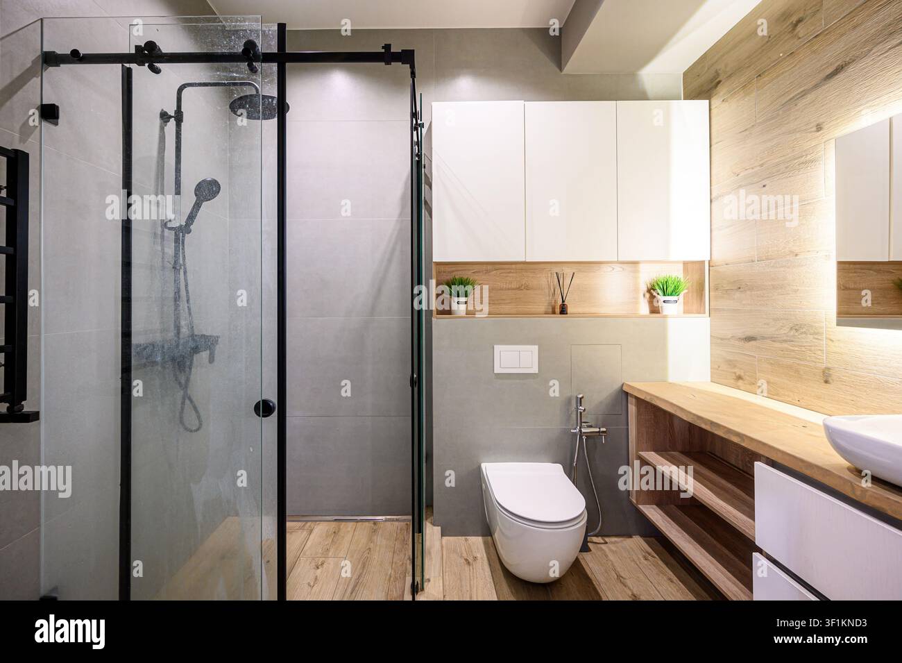bagno moderno con doccia in vetro, toilette, dettagli in legno e mobili bianchi Foto Stock