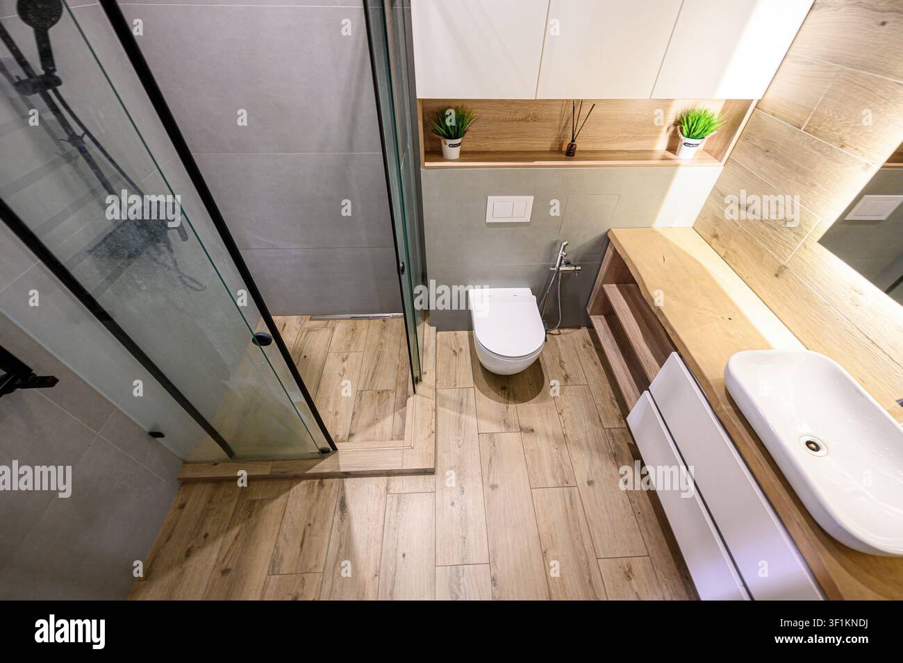 bagno moderno con doccia in vetro, toilette, dettagli in legno e mobili bianchi Foto Stock