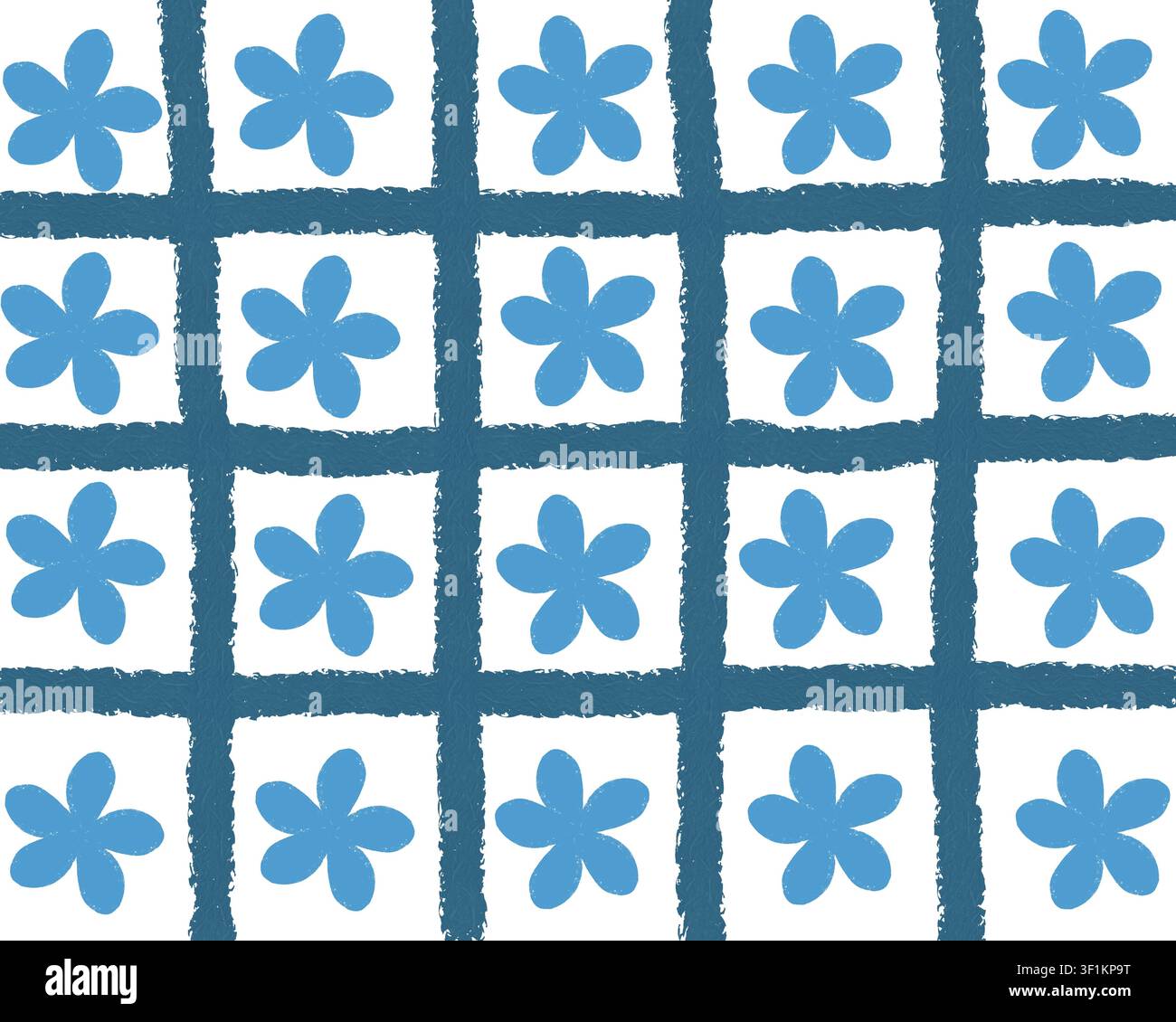 Un motivo a griglia blu navy dipinto a mano con motivi di plumeria blu, ideale per tessuti, cartoleria, carta da regalo, imballaggi e design di superfici. Foto Stock