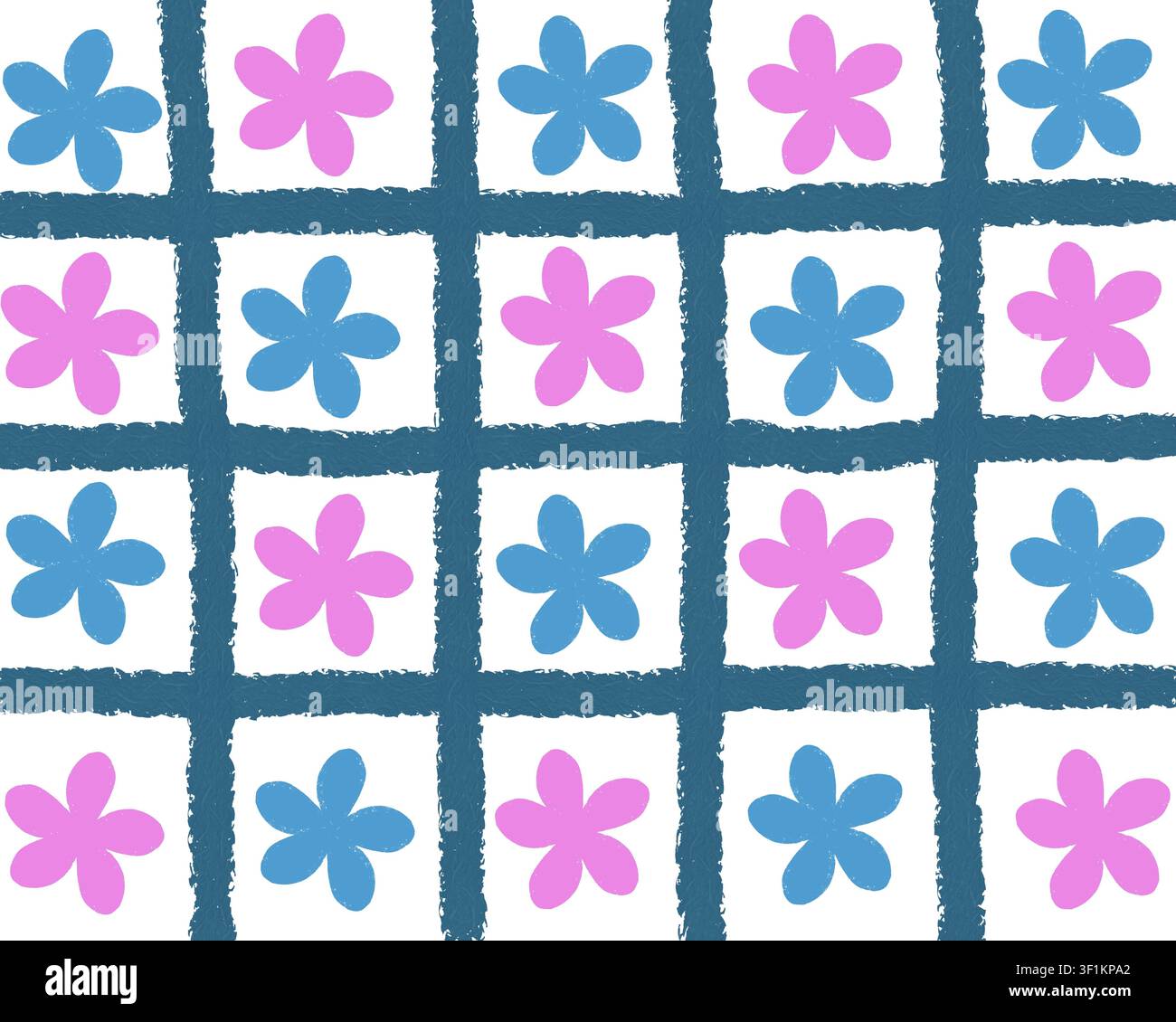 Motivo dipinto a mano a griglia blu navy con motivi di plumeria rosa e blu alternati, ideale per tessuti, cartoleria, imballaggi, carta da regalo e design. Foto Stock