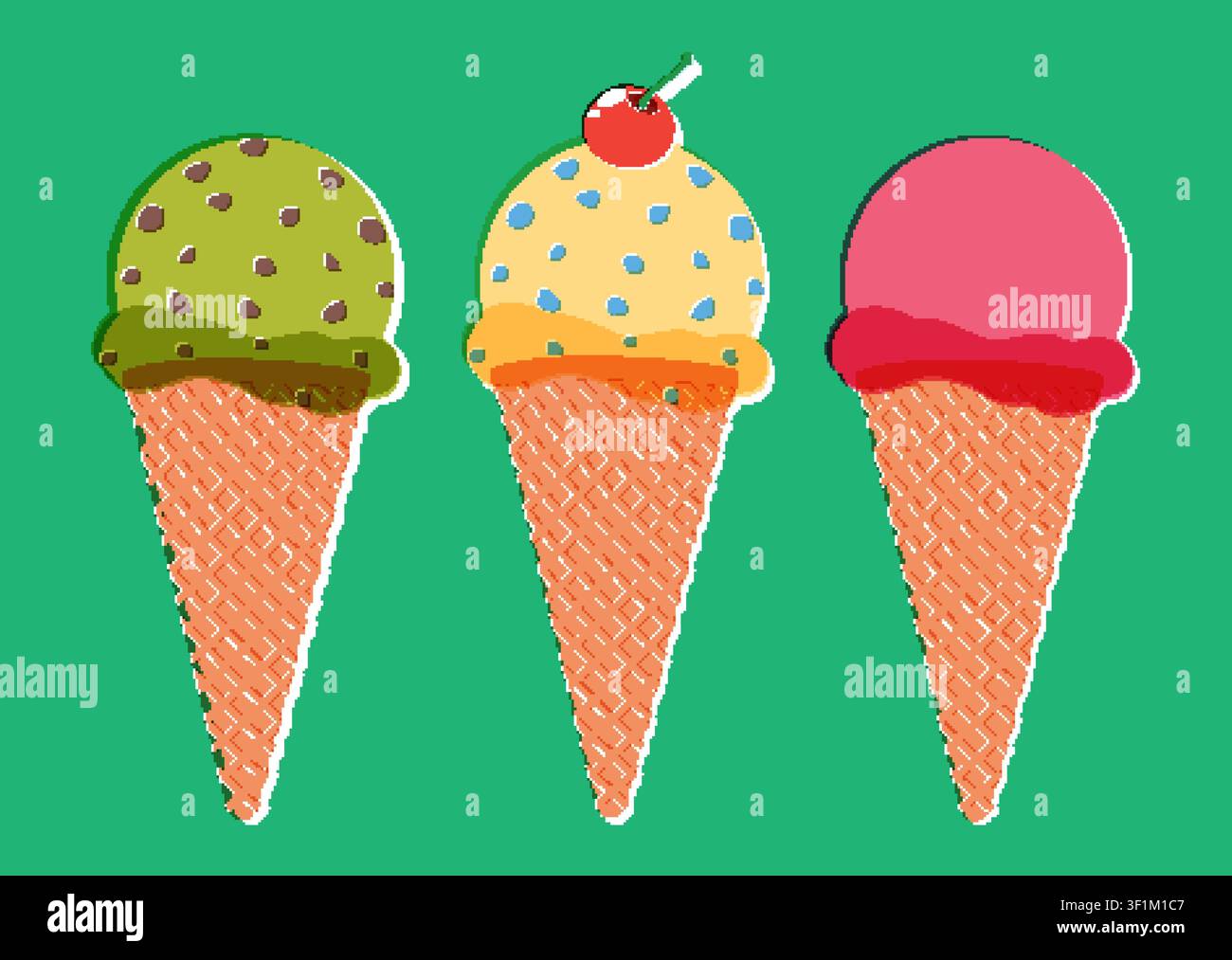 Illustrazione vettoriale piatta di coni di gelato alla menta, vaniglia e fragola su sfondo verde. Illustrazione Vettoriale