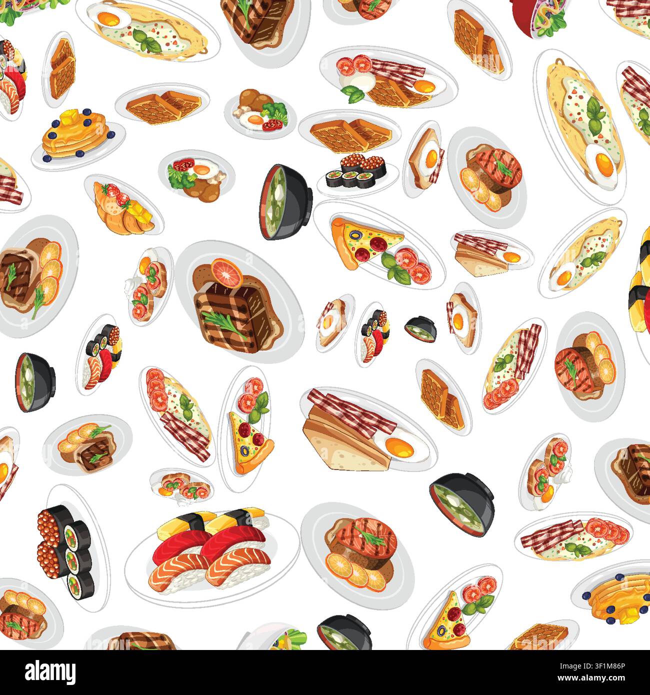 Illustrazione vettoriale piatta di vari pasti tra cui sushi, pizza, bistecca e uova su sfondo bianco. Illustrazione Vettoriale
