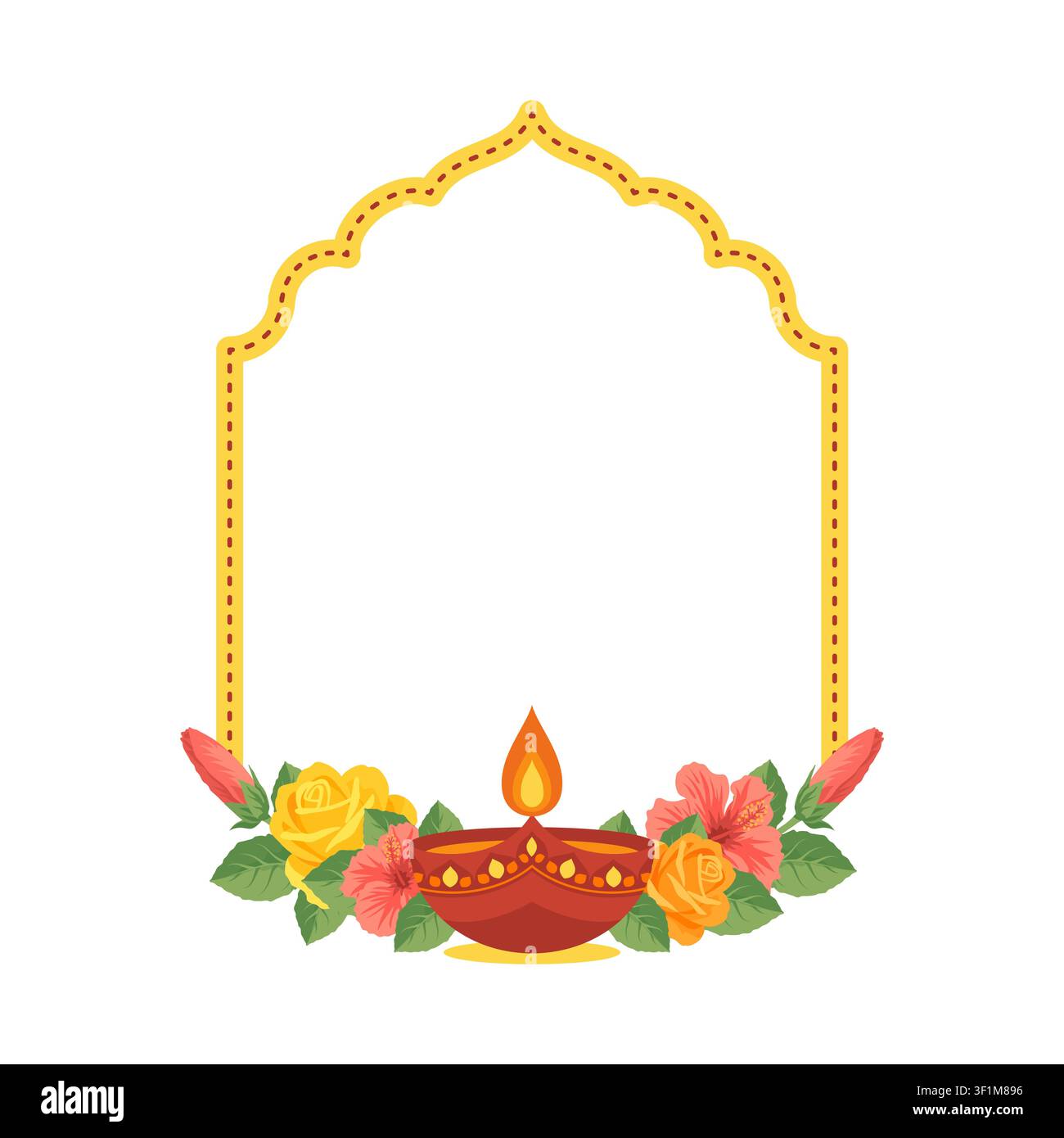 Cornice vettoriale per il festival Diwali. Bordo a forma di arco decorato con lampada Diya in argilla accesa, rose gialle e fiori di ibisco rossi. Modello di invito elegante isolato su sfondo bianco. Illustrazione Vettoriale