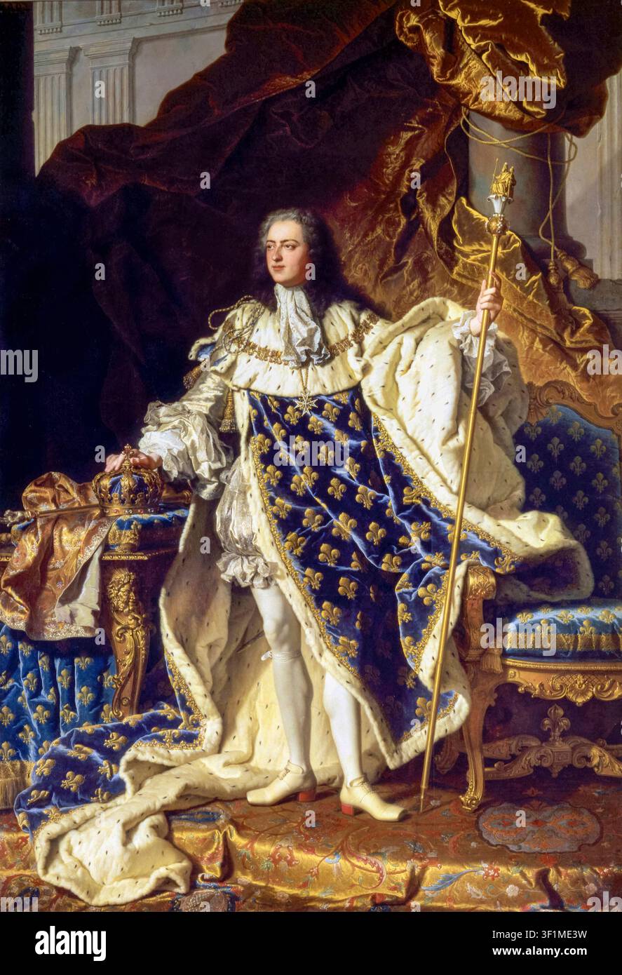 Luigi XV di Francia (1710–1774), re di Francia in abiti di incoronazione, pittura di ritratto di Hyacinthe Rigaud, 1730 Foto Stock