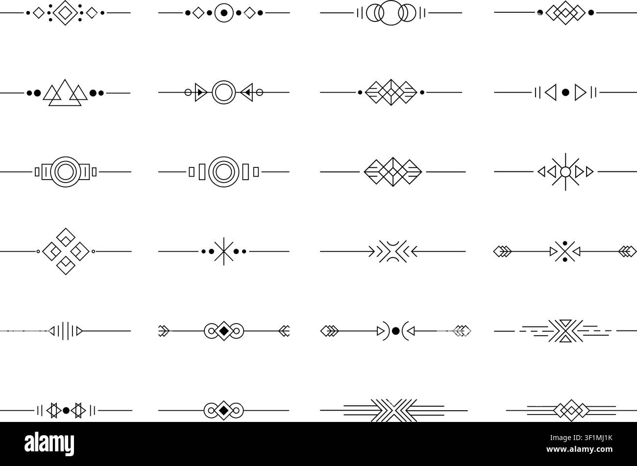 Set di clipart divisori geometrici con bordi tribali, ornamenti a linee minimali, diamanti, cerchi, frecce, download digitale SVG stampabile per lavoretti e scrapbooking Illustrazione Vettoriale