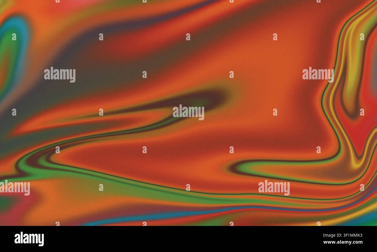 Sfondo astratto olografico con sfumatura liquida e onde fluide metallizzate vibranti iridescenti arancioni, verdi e blu. Illustrazione Vettoriale