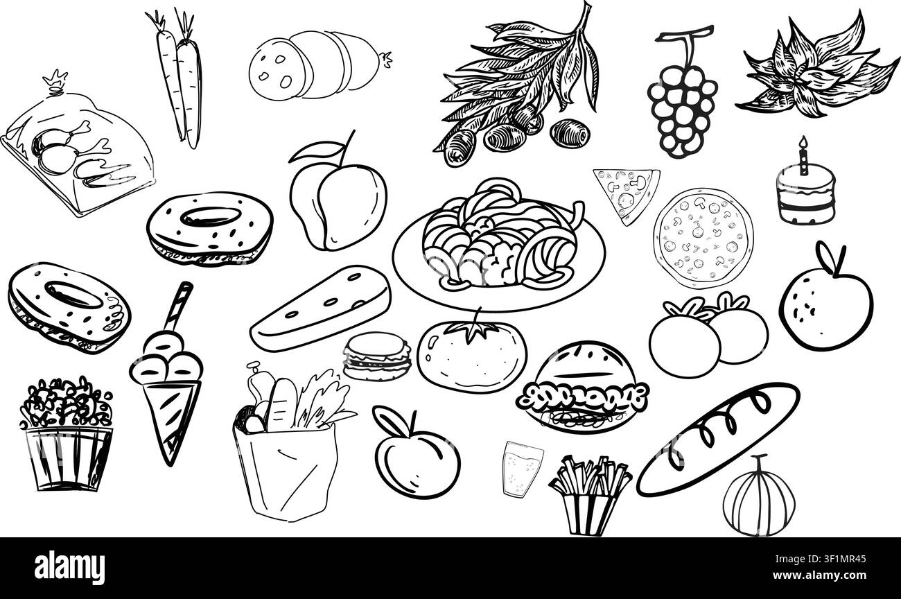 Disegni a mano di cibo e generi alimentari, set di vettori in bianco e nero Illustrazione Vettoriale