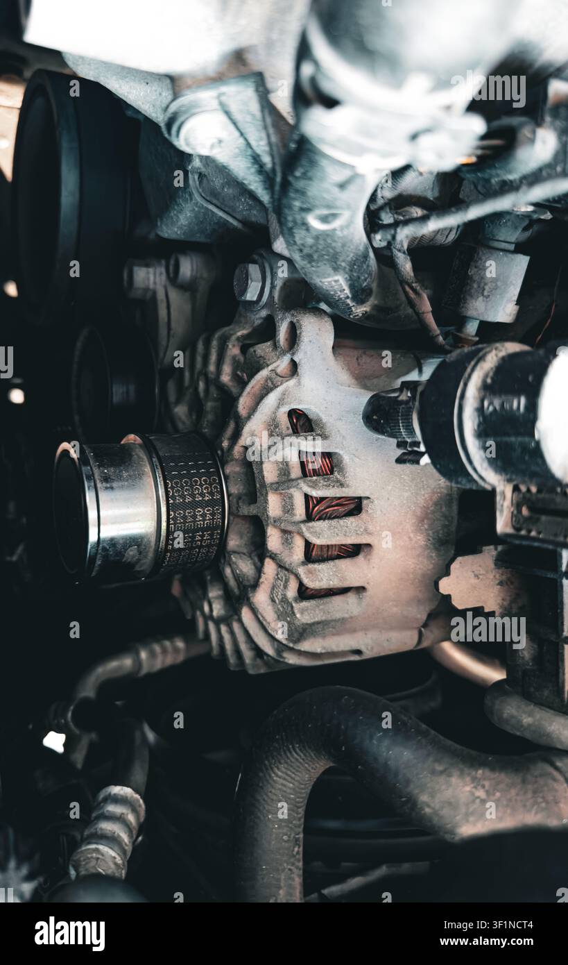 Primo piano di un alternatore sporco del motore di un'auto sotto il cofano. Foto Stock