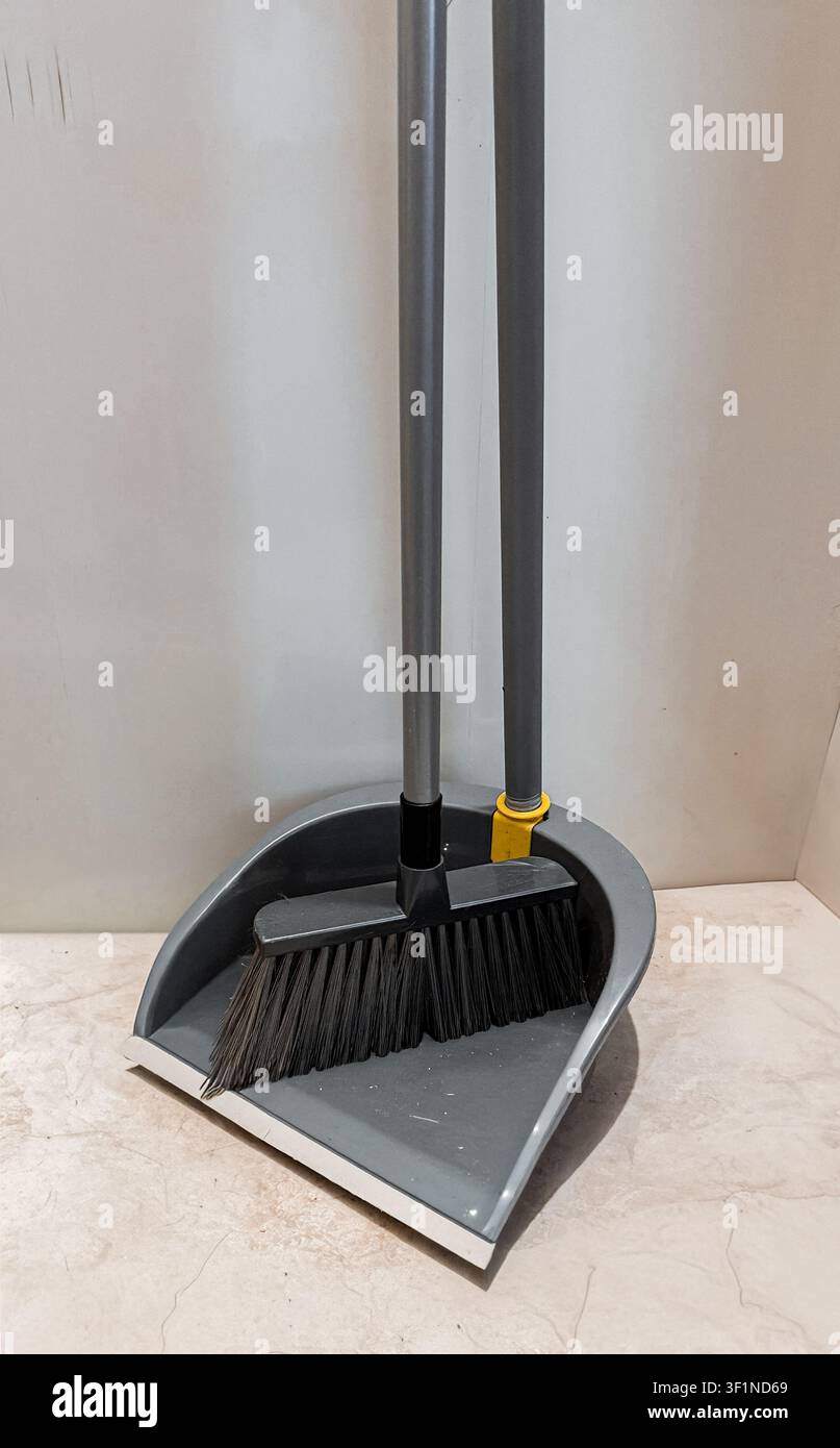 Set di paletta e spazzola in plastica grigia su un pavimento chiaro. Foto Stock