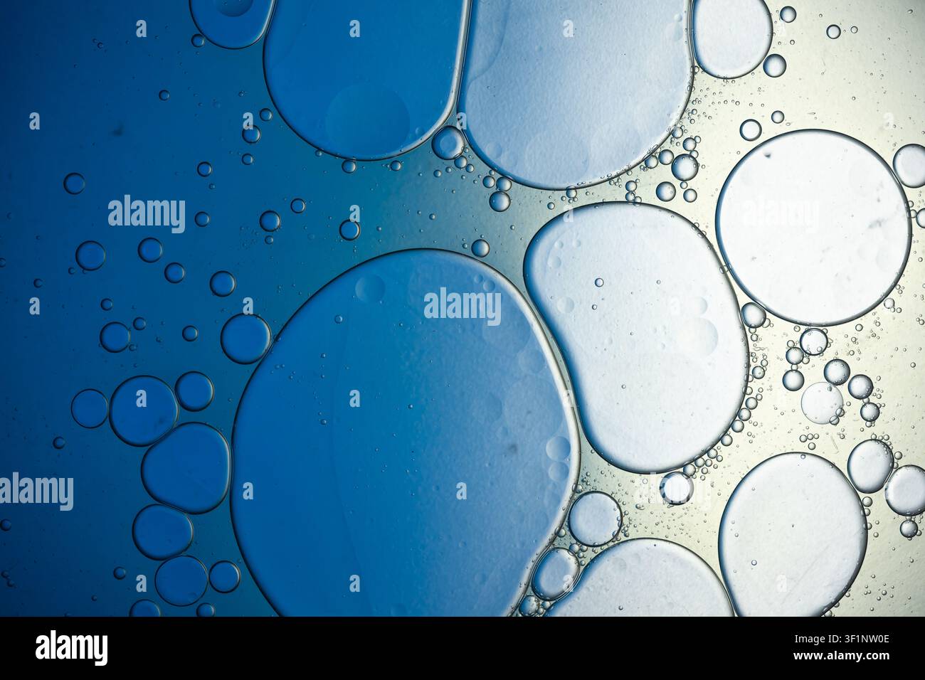 Gocce di olio sulla superficie dell'acqua che creano uno sfondo liquido astratto blu e bianco Foto Stock