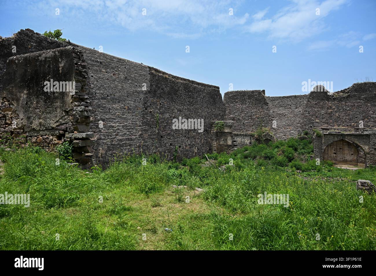 Cortile della fortezza storica con antichi bastioni in pietra e terreni archeologici ricoperti dalla vegetazione Foto Stock