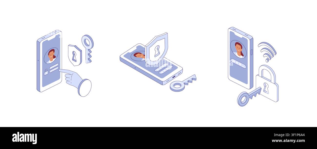 Protezione dell'account privato sui telefoni. Vettore isometrico. Ottimo per blog sulla sicurezza, poster sulla privacy o banner per app sicure. Illustrazione Vettoriale