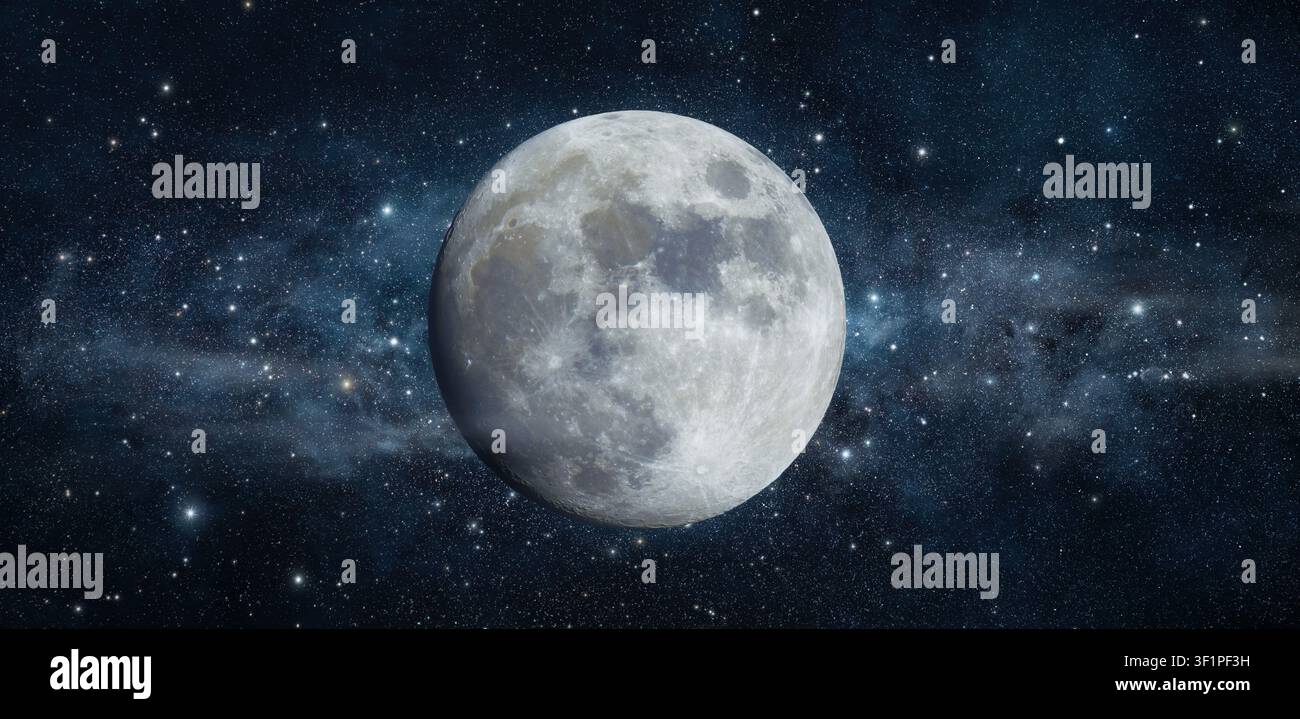 Foto nitida della luna in tutto il suo splendore, una composizione maestosa con nuvole e stelle luminose nel cielo notturno blu scuro Foto Stock
