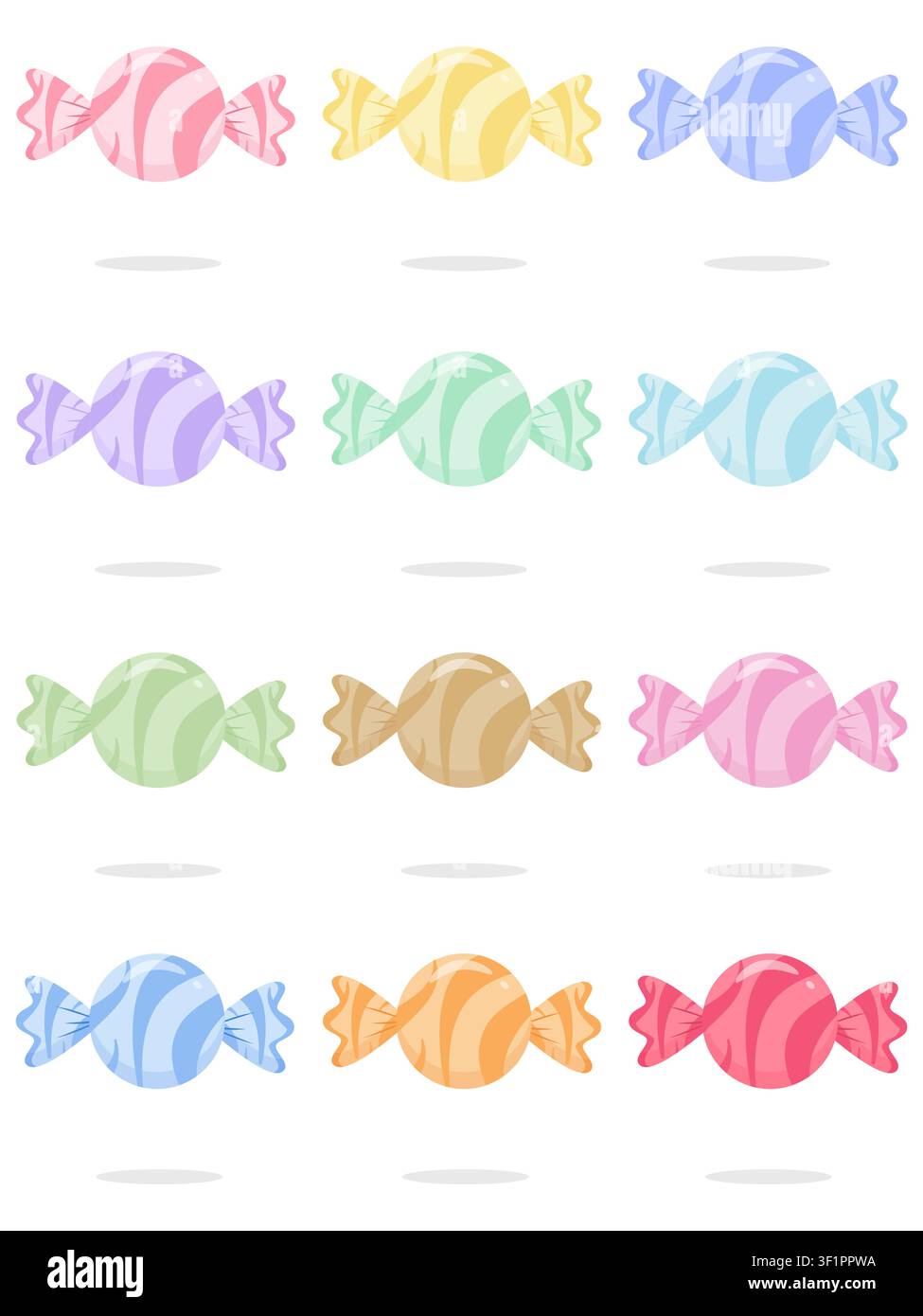 Simpatica raccolta di 12 icone vettoriali di caramelle avvolte in vortici pastello. Dolci minimalisti e lucidi con ombre morbide in una tavolozza colorata. Perfetto per adesivi Illustrazione Vettoriale