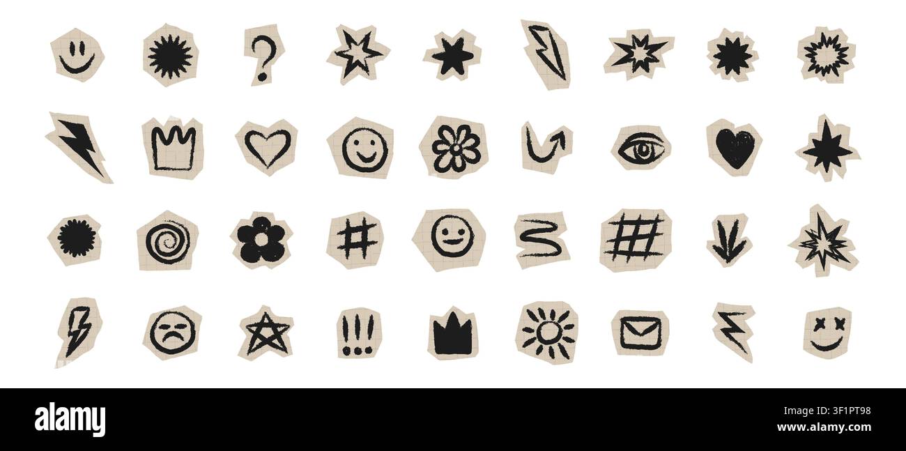 Set di adesivi e elementi ritagliati per collage di scrapbooking; elementi di carta con texture di pennello e matita disegnate a mano; stelle e fulmini per scrapbooking Illustrazione Vettoriale