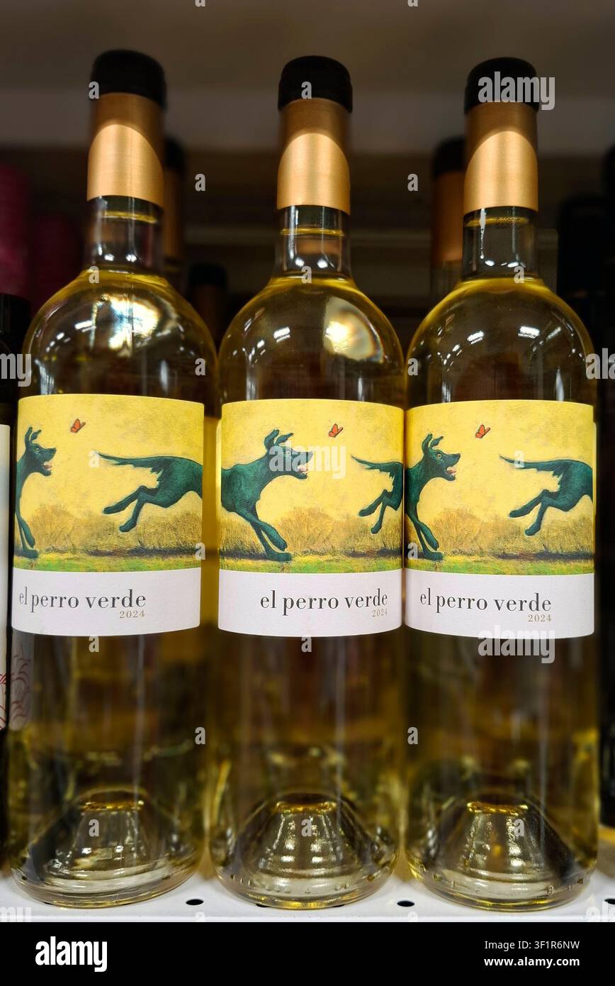 DENIA, SPAGNA - 17 luglio 2025. Gli scaffali di un supermercato Carrefour in Spagna presentano una serie di bottiglie di vino bianco. L'etichetta luminosa El Perro Verde stan Foto Stock