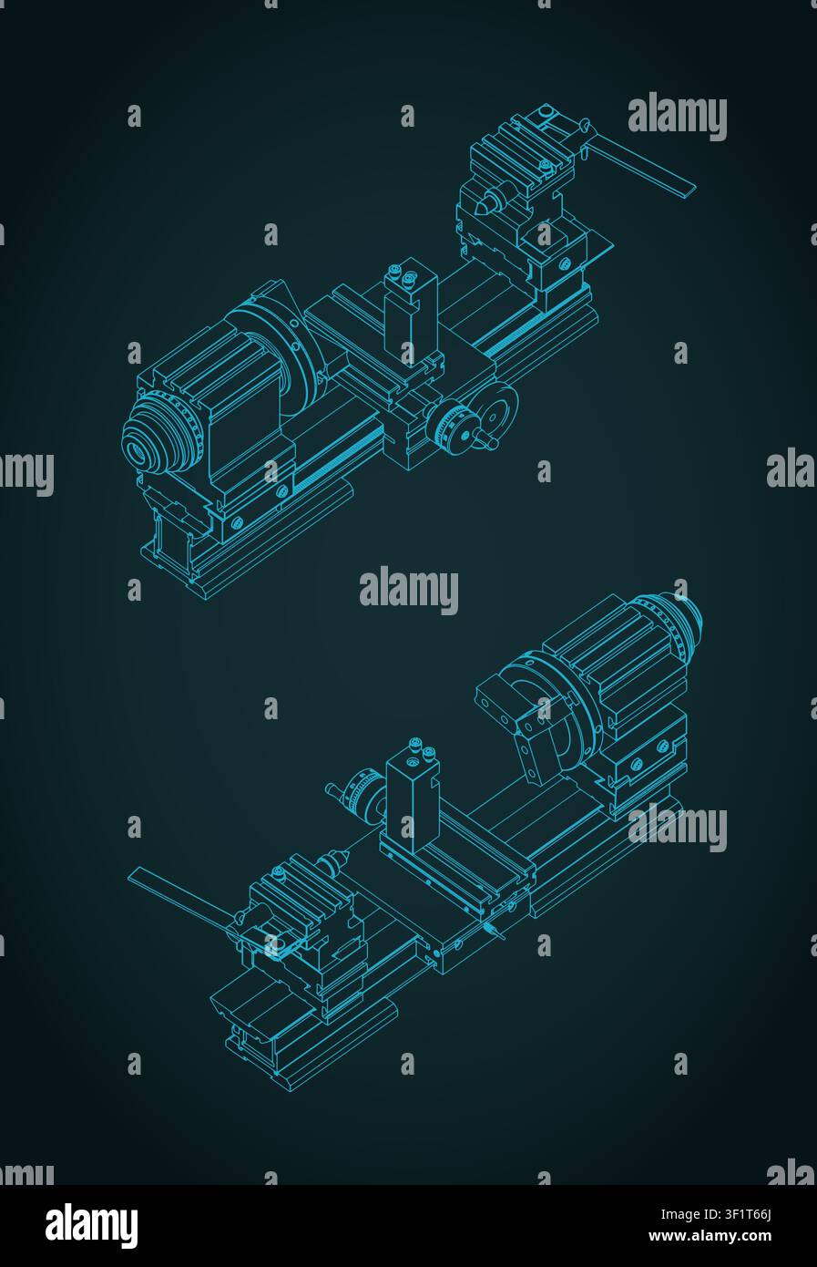 Illustrazione vettoriale stilizzata di progetti isometrici di tornio Illustrazione Vettoriale