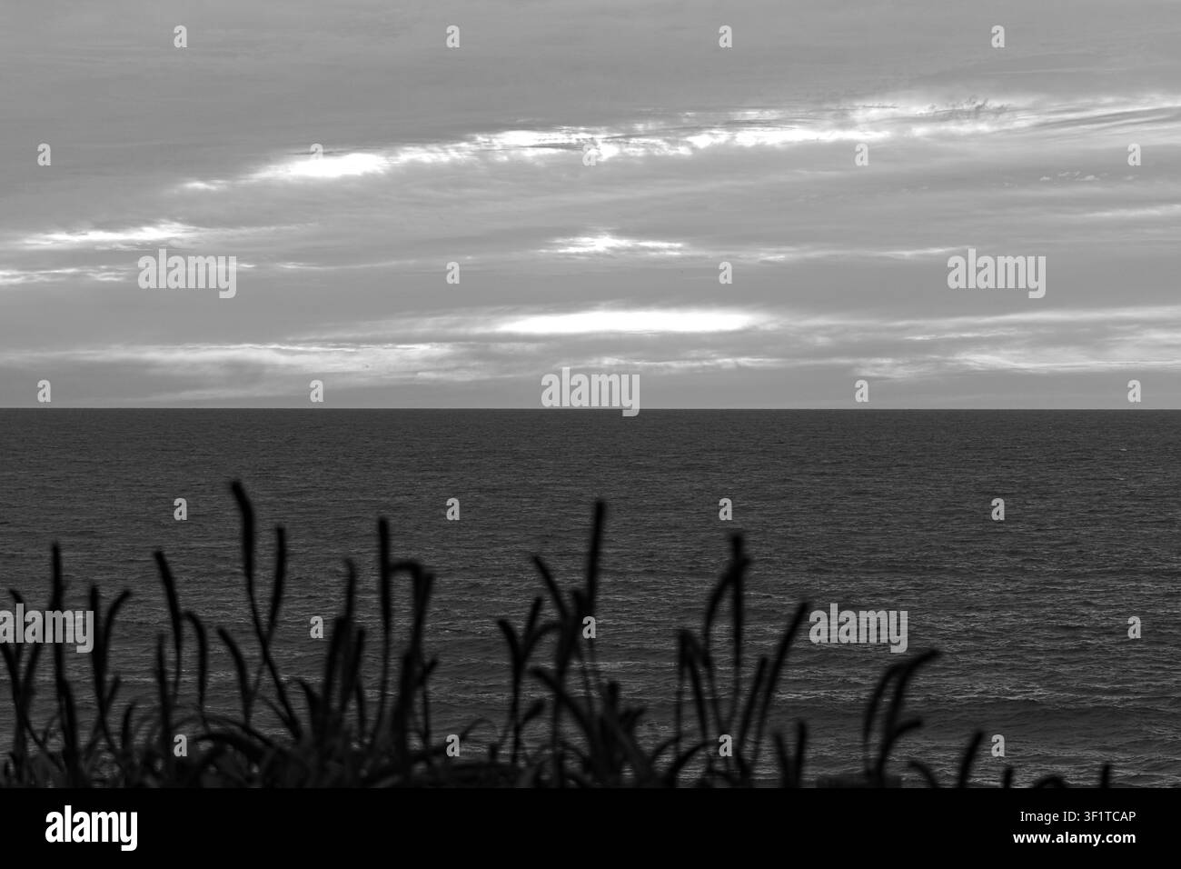 Tramonto sull'orizzonte dell'Oceano Pacifico con silhouette costiere a Encinitas in California Foto Stock