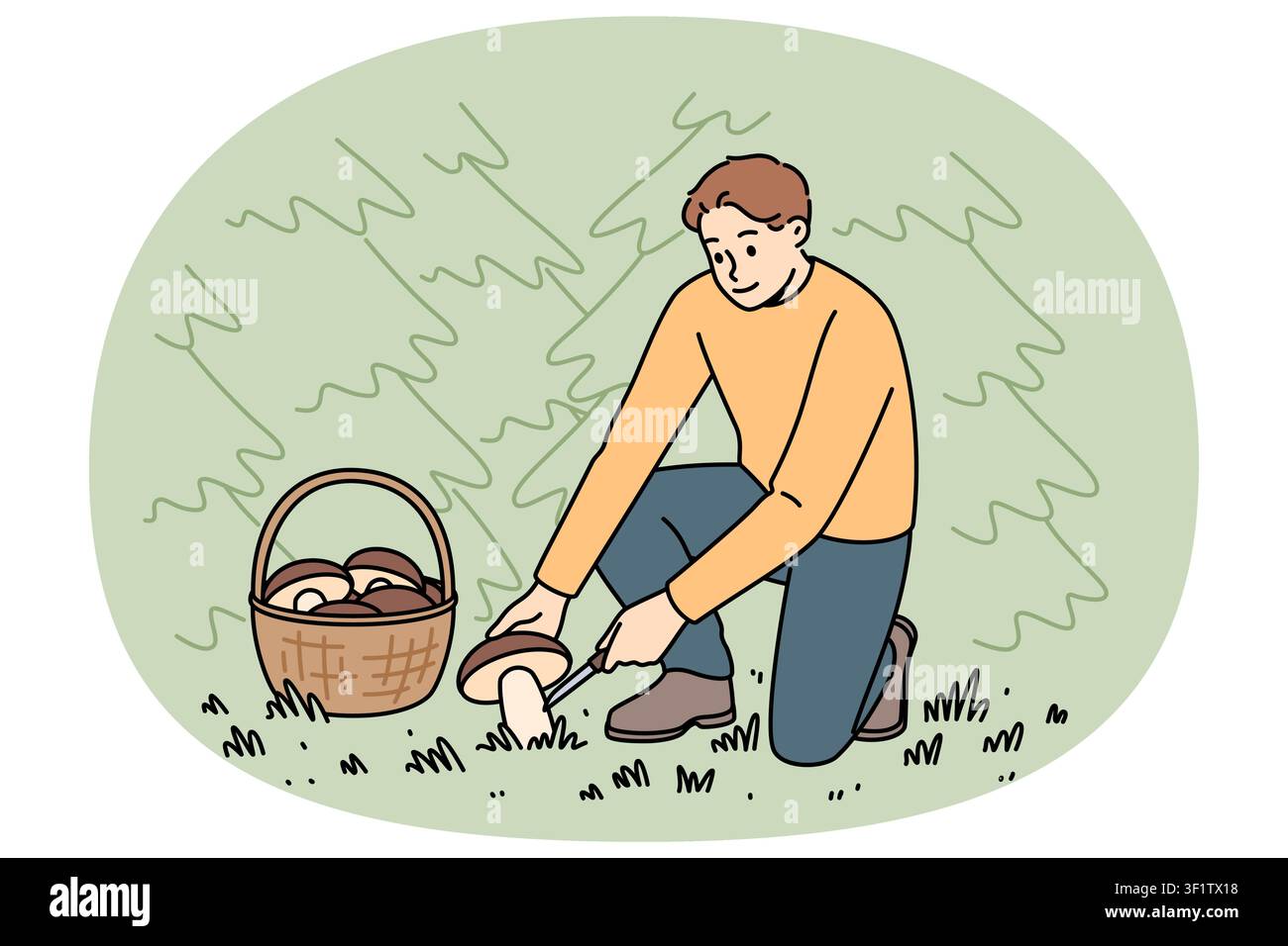 Il raccoglitore di funghi uomo taglia i funghi e li mette nel cesto, situato nella radura forestale con le conifere. Ragazzo con l'hobby di raccogliere funghi, ama praticare attività ricreative attive lontano dalla città Illustrazione Vettoriale