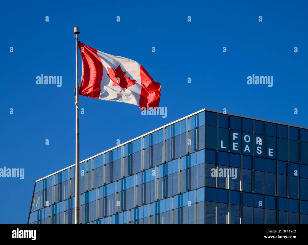 La bandiera canadese sventola davanti a un moderno edificio di uffici in vetro con un cartello "In affitto" nella finestra, Vancouver, British Columbia, Canada. Foto Stock