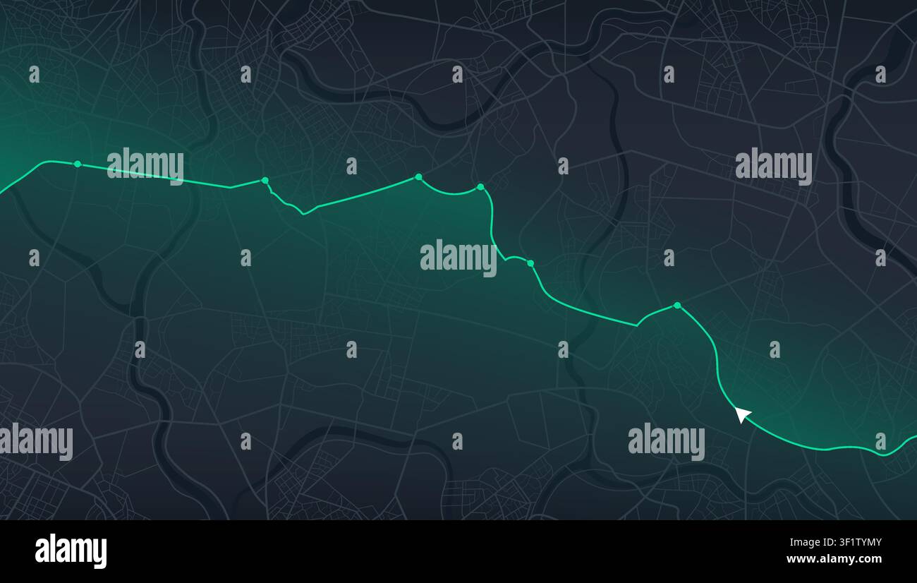 Mappa urbana con sfumatura blu-verde, linea di transito verde e fermate di percorso. Concetto di tracciamento del percorso digitale. Illustrazione vettoriale. Illustrazione Vettoriale