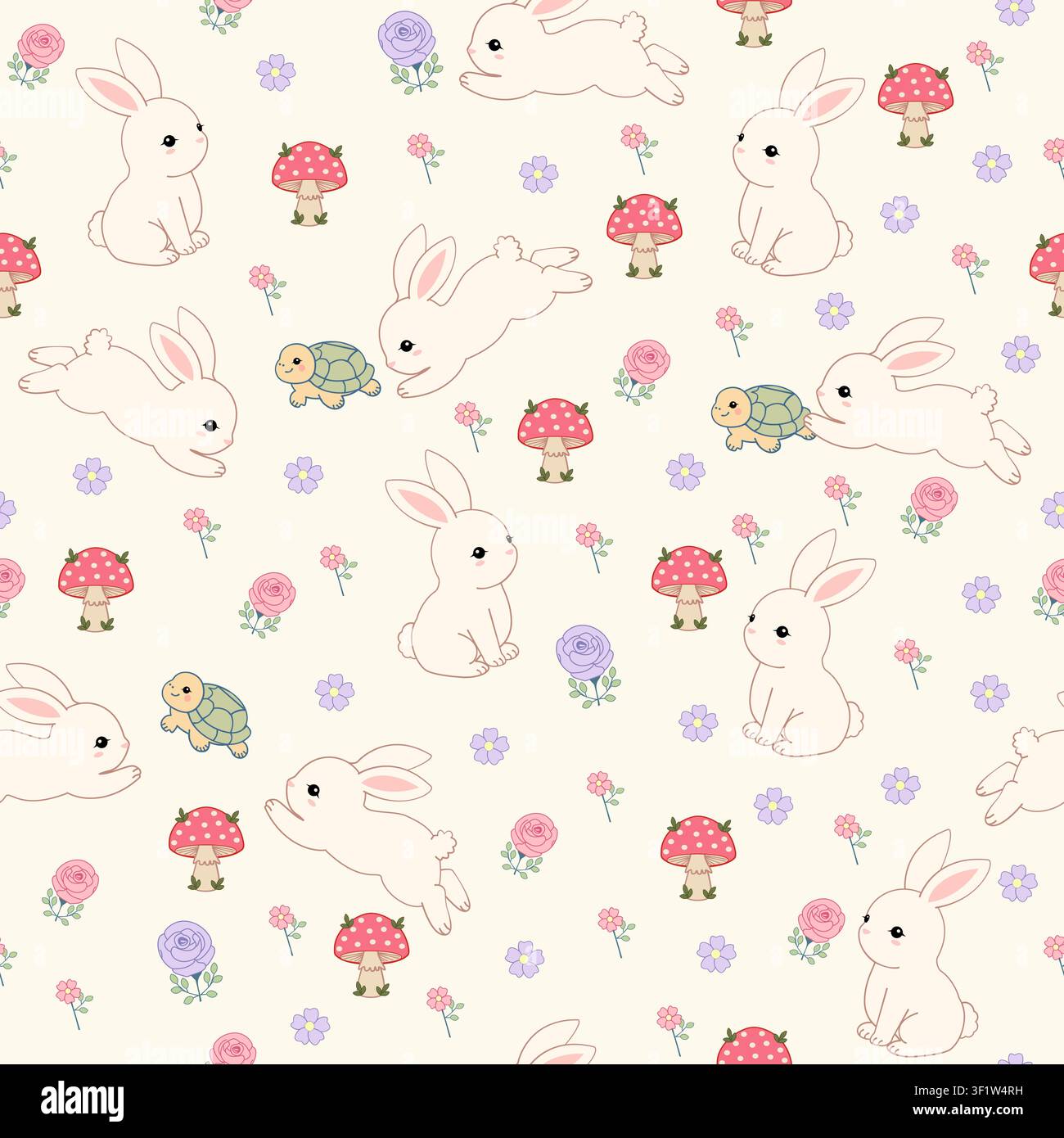 Motivo senza fine con coniglietto carino con fiori, tartarughe, funghi ed elementi boschivi pastello per tessuto per bambini, carta da parati per asilo nido, carta da regalo, tessili Illustrazione Vettoriale