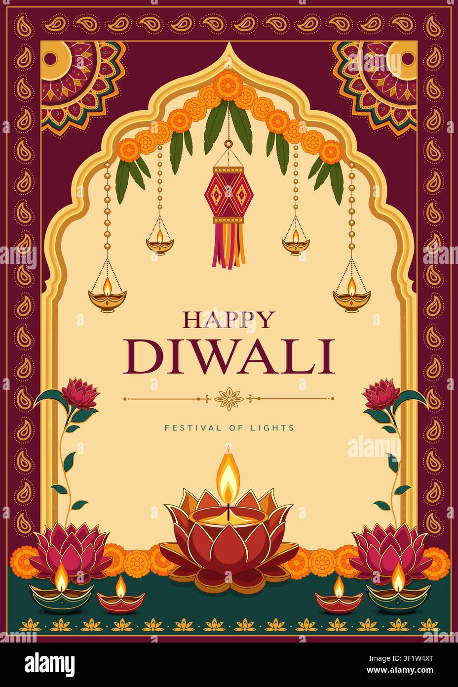 Biglietto di auguri felice Diwali con lampada a olio di loto, ghirlanda floreale, lanterne sospese, cornice ad arco tradizionale, bordo decorativo, fiori di marigold e elefante Illustrazione Vettoriale